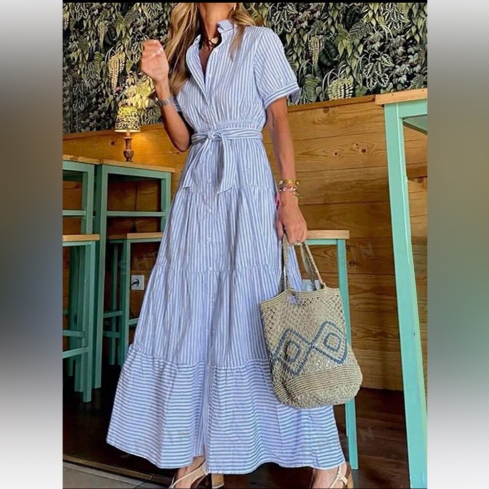 Plus Size Women's Summer Striped Short Sleeve Long Casual Shirt Dress